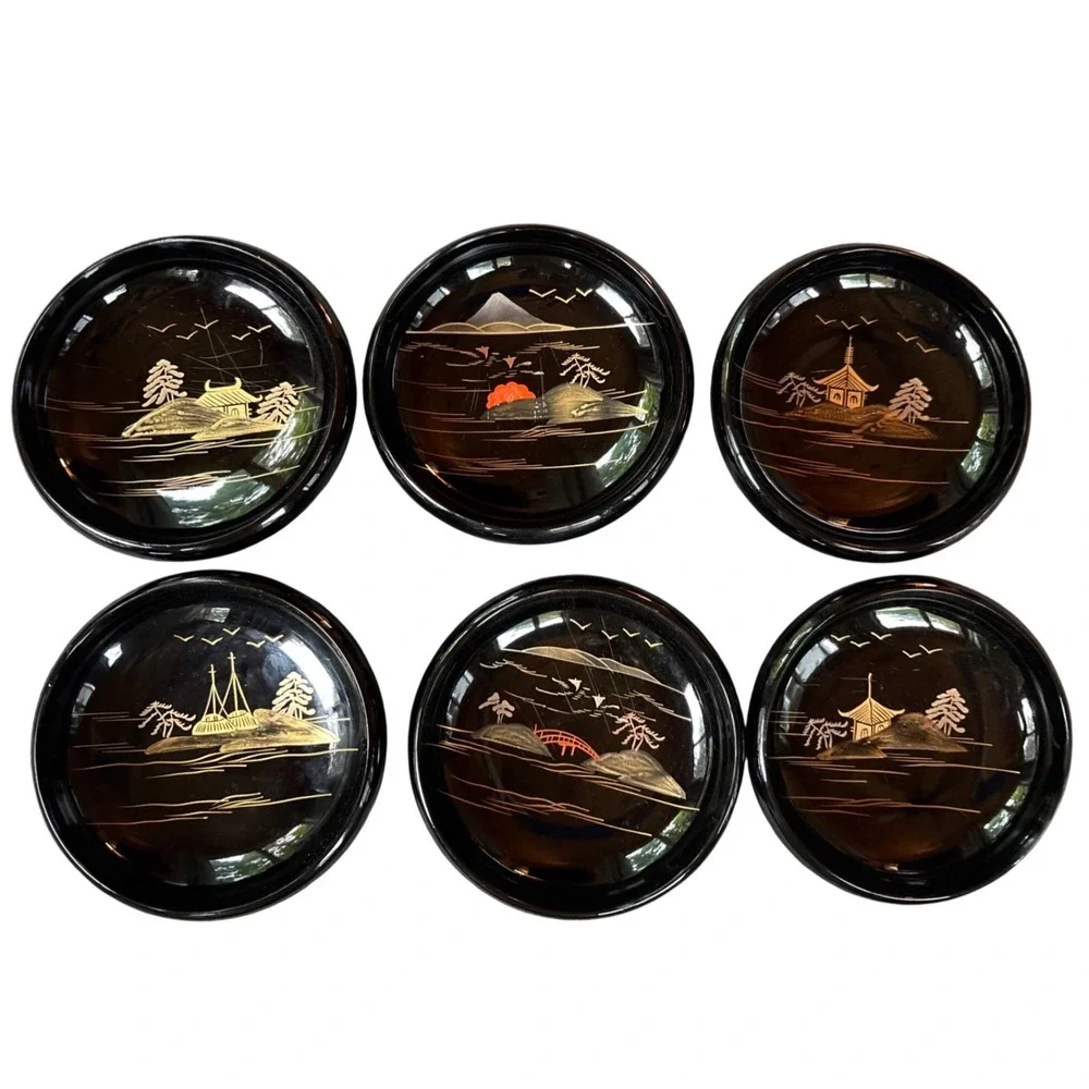VTG Japanese Lacquerware Salad Bowls Set  of 6 Black Gold Landscape‎ Mt Fuji Art